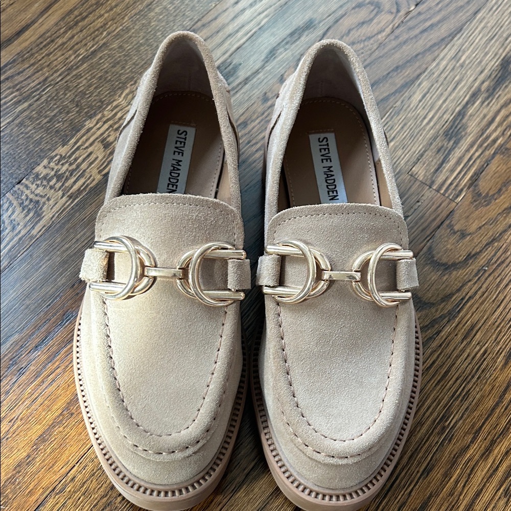 Steve Madden Beige Suede Loafers with Gold Hardware